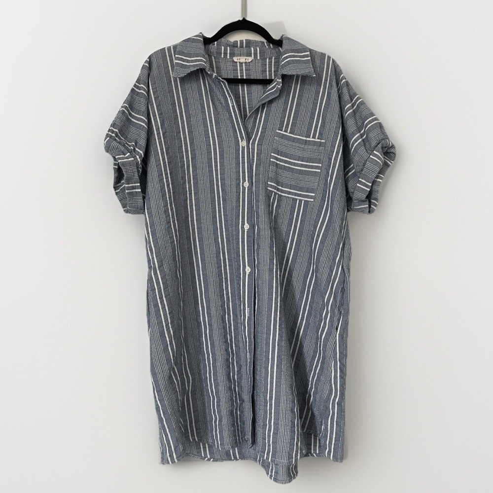 JODIFL Blue and White Striped Mini Shirt Dress